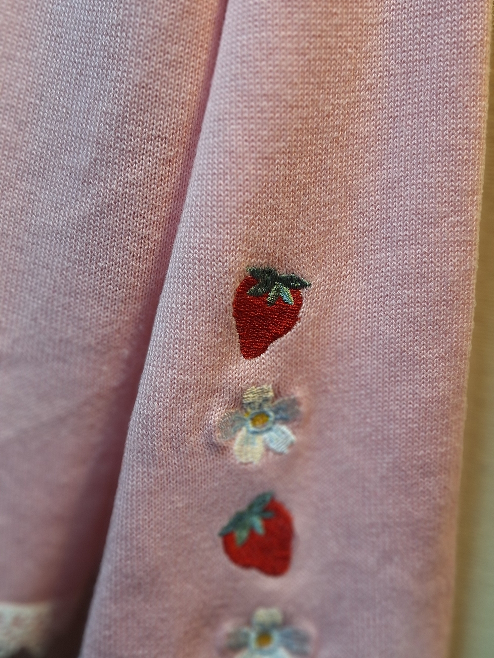 Dolls Kill Pink Embroidered Strawberry & Daisy Lace-Trim Cardigan - Picture 4 of 9